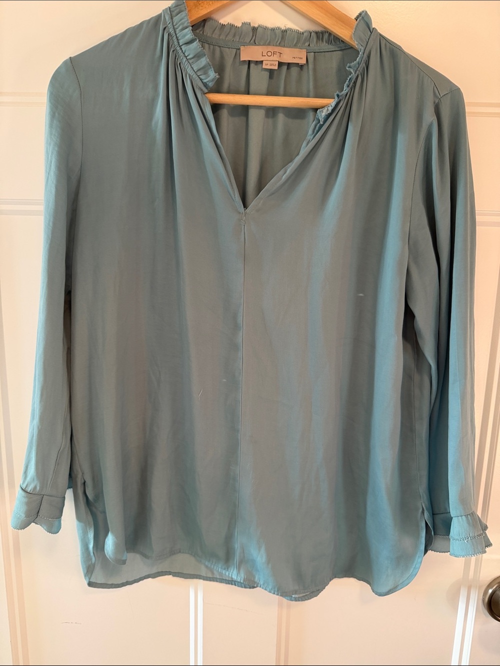 LOFT Dusty Teal Ruffle-Trim V-Neck Long Sleeve Blouse